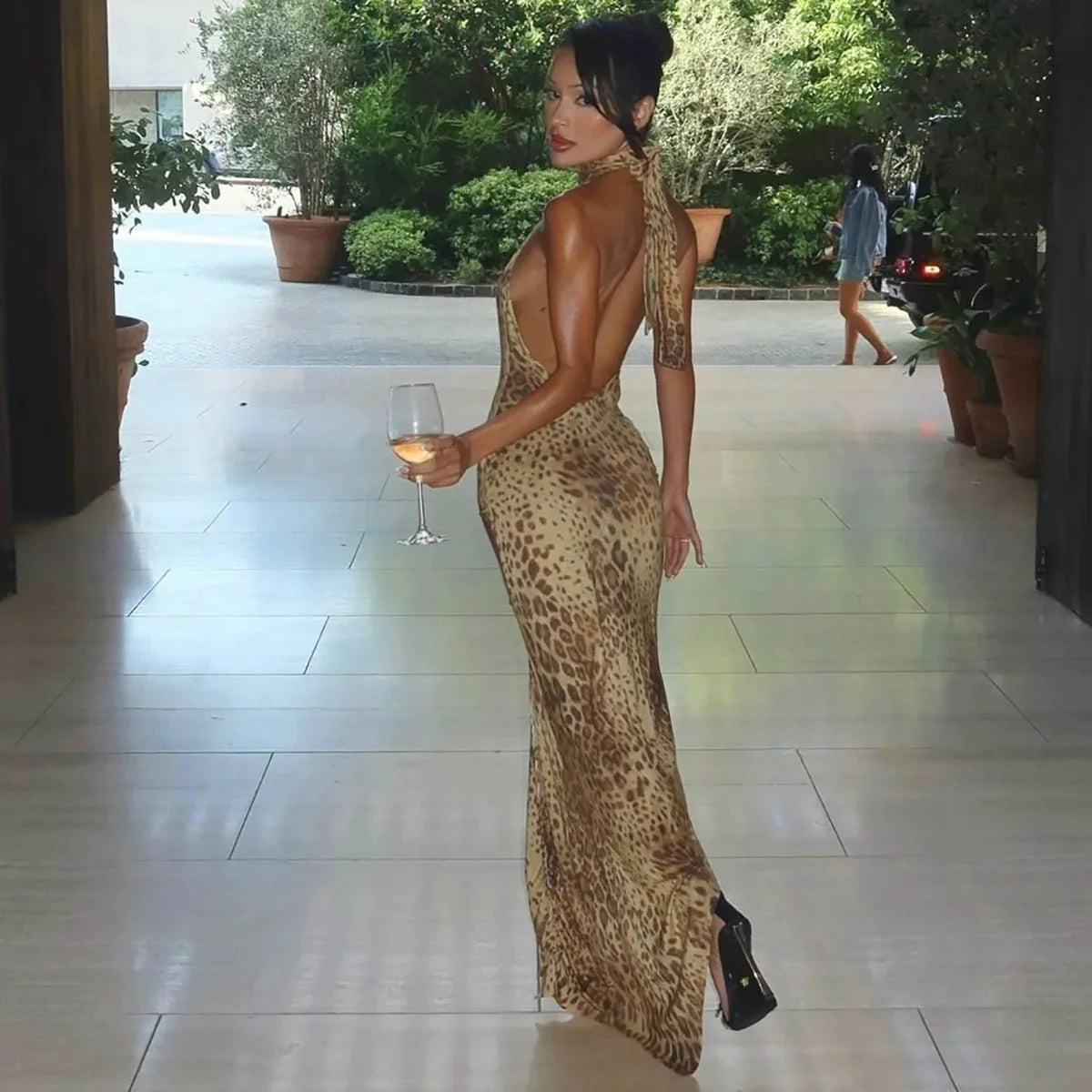 Leopard Print Halter Neck Maxi Dress