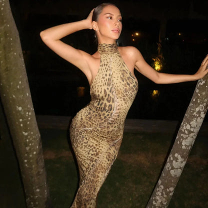 Leopard Print Halter Neck Maxi Dress