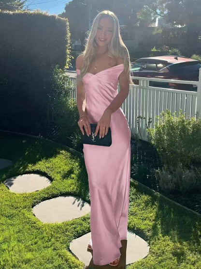 Clea Satin Maxi Dress with Bardot Neckline