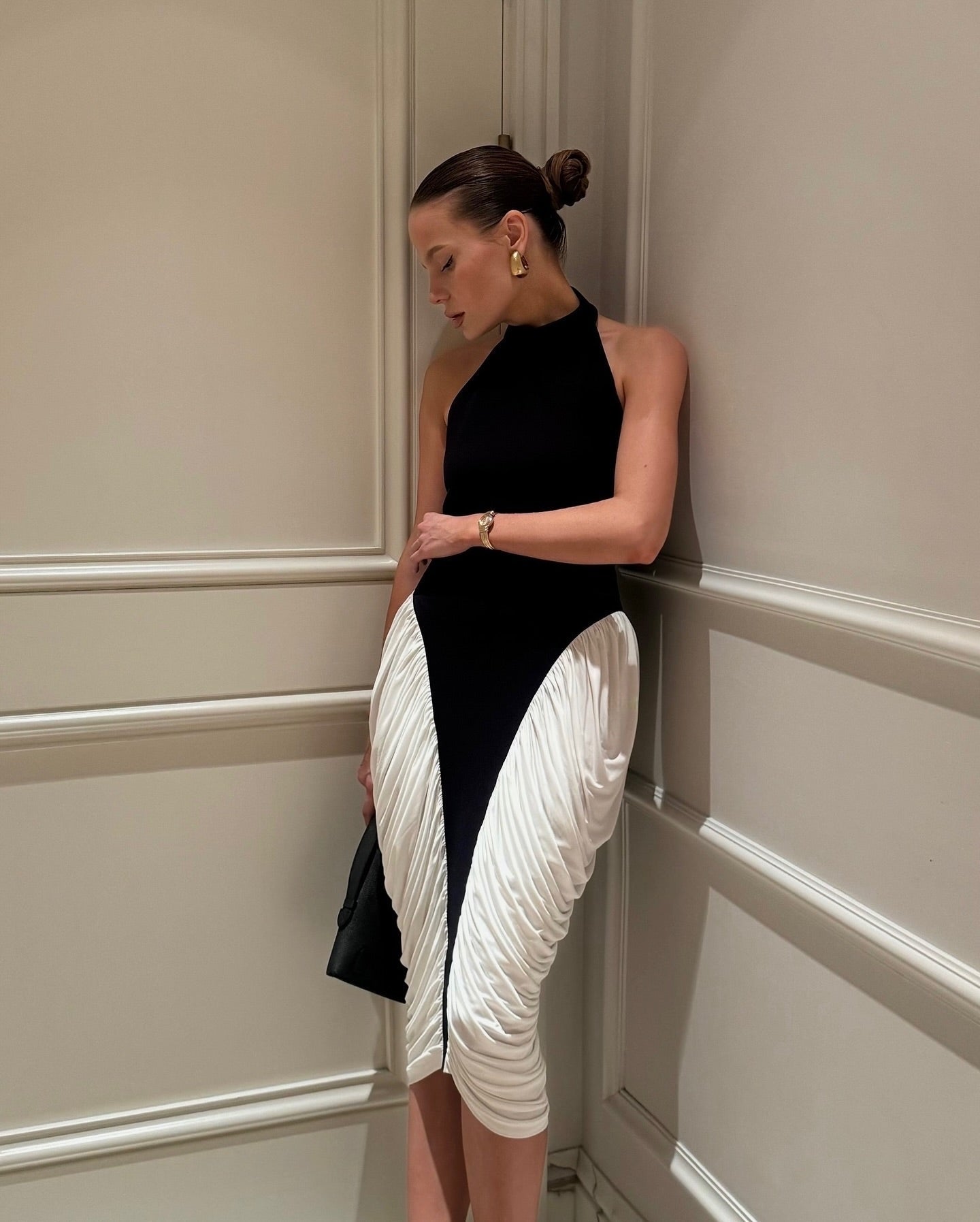Francesca Backless Pleated High-Neck Midi Dress