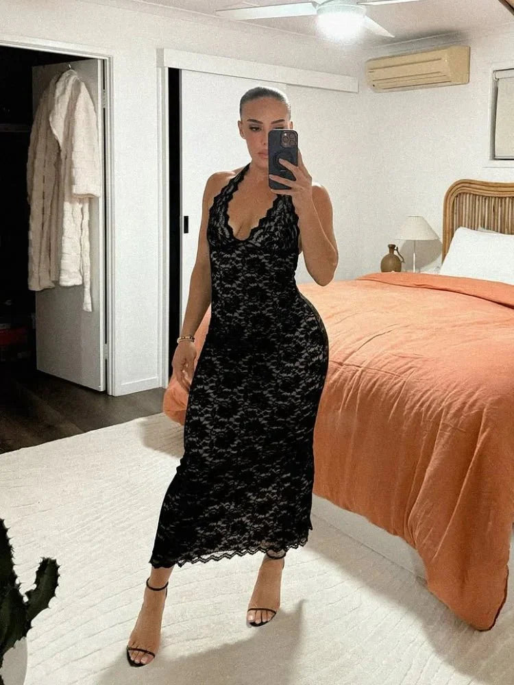Cely Halterneck Lace Maxi Dress