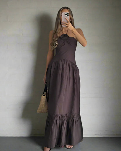 Halterneck midi dress with floral appliqué