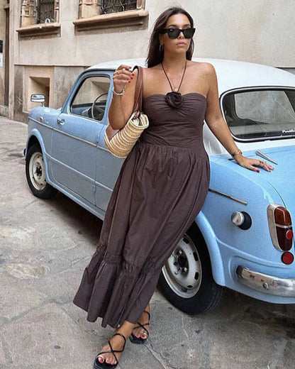 Halterneck midi dress with floral appliqué