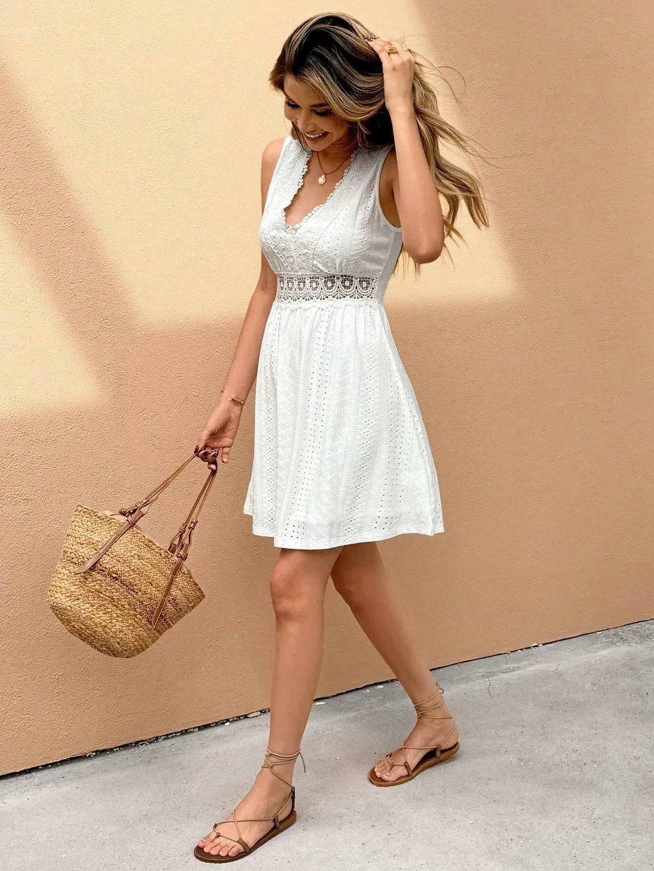 Liliette Jacquard Mini Dress with Lace Patchwork