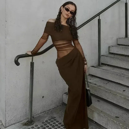 Long-sleeve mesh maxi dress