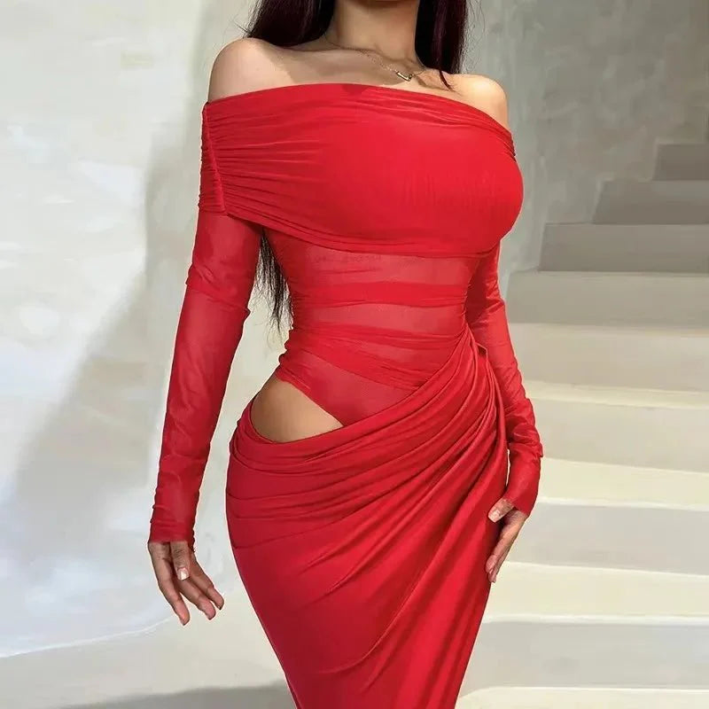 Long-sleeve mesh maxi dress
