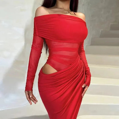 Long-sleeve mesh maxi dress