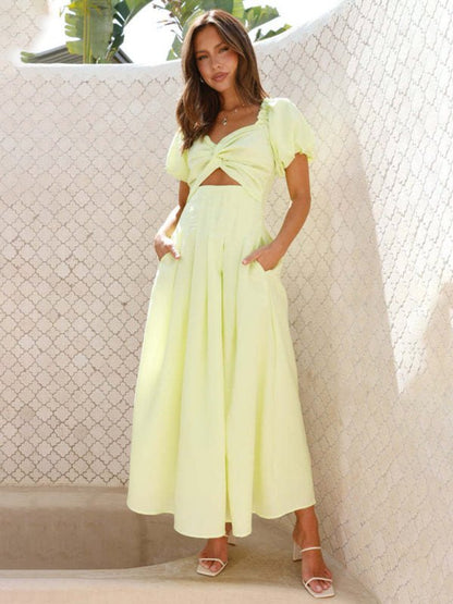 Maria Midi Dress with Puff Sleeves and Cut-Out
