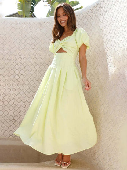 Maria Midi Dress with Puff Sleeves and Cut-Out