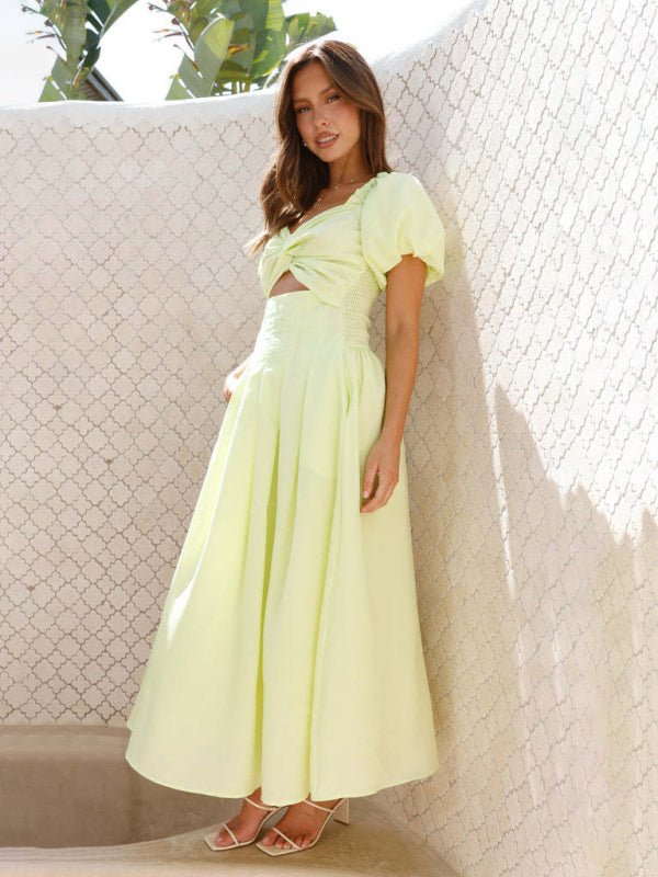 Maria Midi Dress with Puff Sleeves and Cut-Out