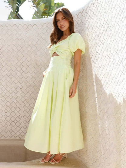 Maria Midi Dress with Puff Sleeves and Cut-Out