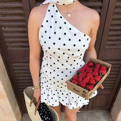 One-Shoulder Polka Dot Mini Dress
