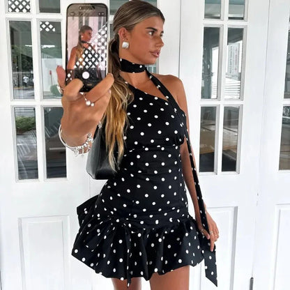 One-Shoulder Polka Dot Mini Dress