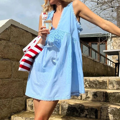 Boho Mini Dress with Lace Trim