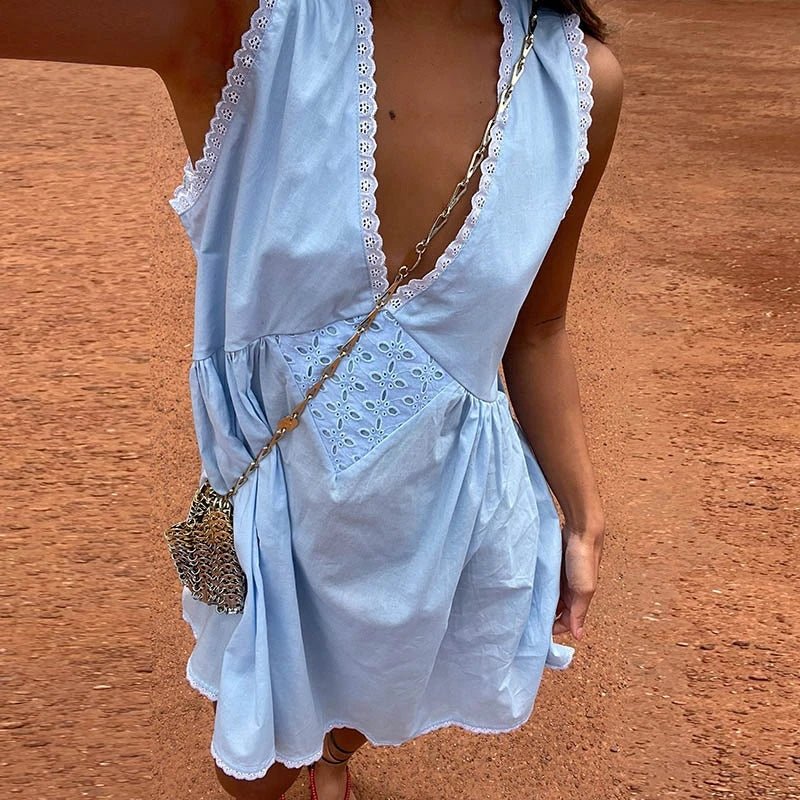 Boho Mini Dress with Lace Trim