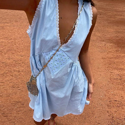 Boho Mini Dress with Lace Trim