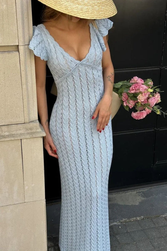 Rosy Rüschen-Strick-Midikleid