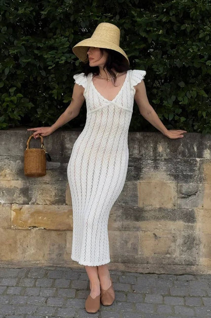 Rosy Rüschen-Strick-Midikleid