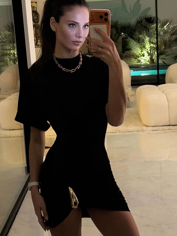 Ruched mini dress with metal buckle