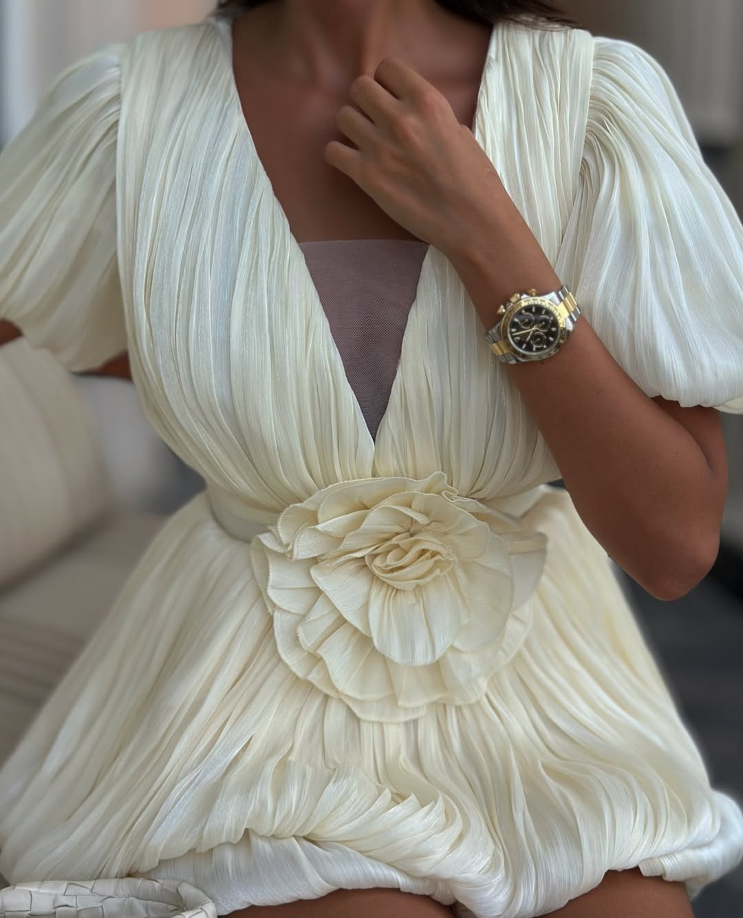 Rosette Puff Sleeve Bubble Hem Mini Dress