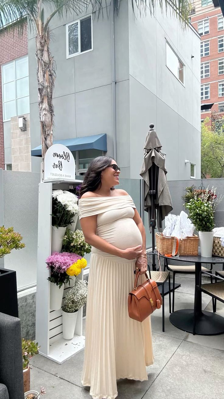 Flowing off-the-shoulder maternity dress