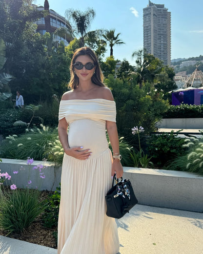 Flowing off-the-shoulder maternity dress