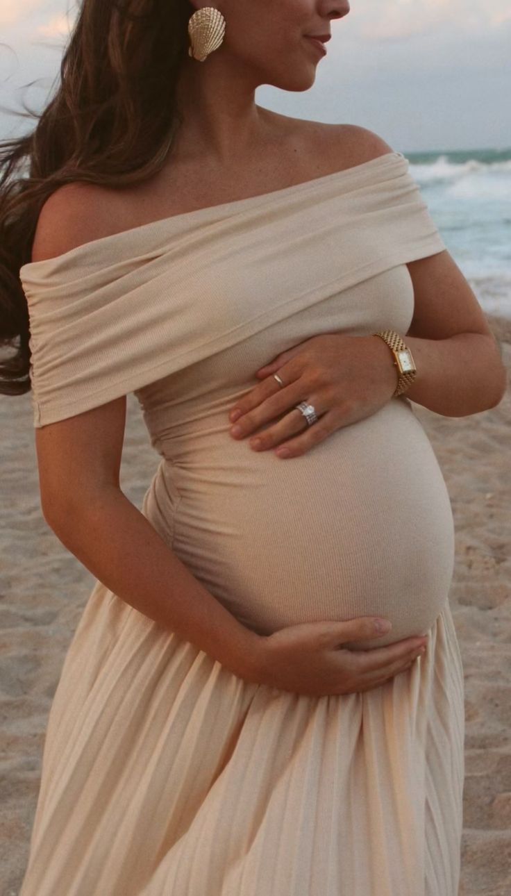 Flowing off-the-shoulder maternity dress