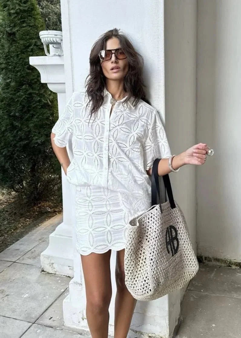 Beatrice Embroidered Cotton Shirt and Skirt Set