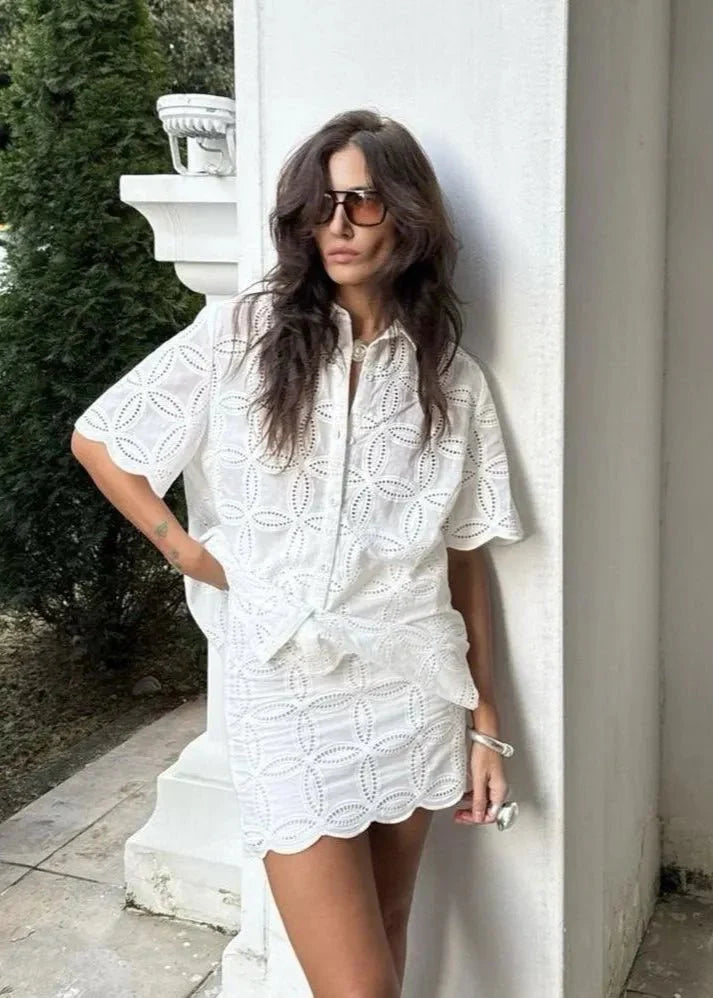 Beatrice Embroidered Cotton Shirt and Skirt Set