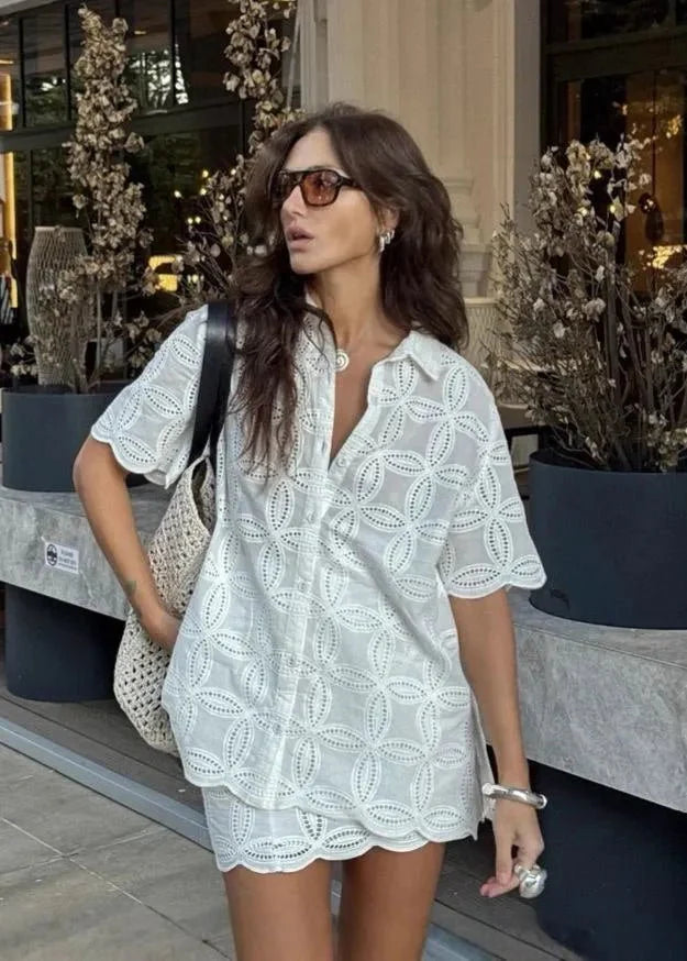 Beatrice Embroidered Cotton Shirt and Skirt Set