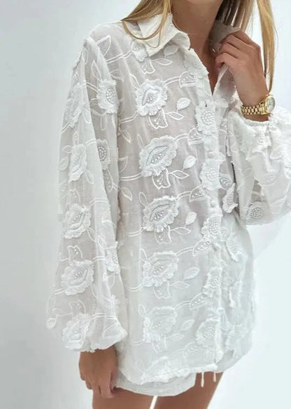 Beatrice Sheer Embroidered Shirt & High-Waisted Shorts Set