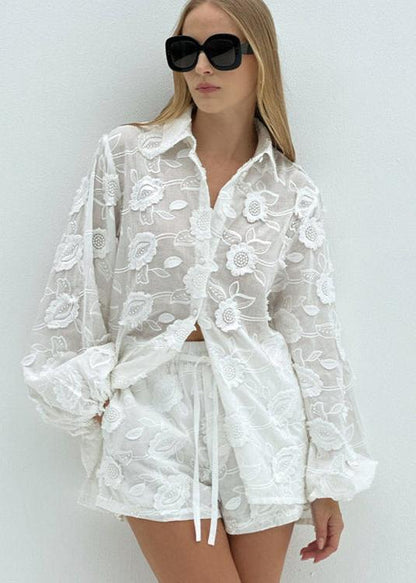 Beatrice Sheer Embroidered Shirt & High-Waisted Shorts Set