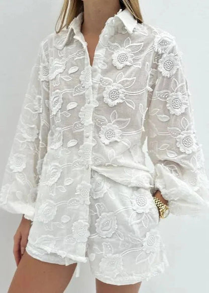 Beatrice Sheer Embroidered Shirt & High-Waisted Shorts Set