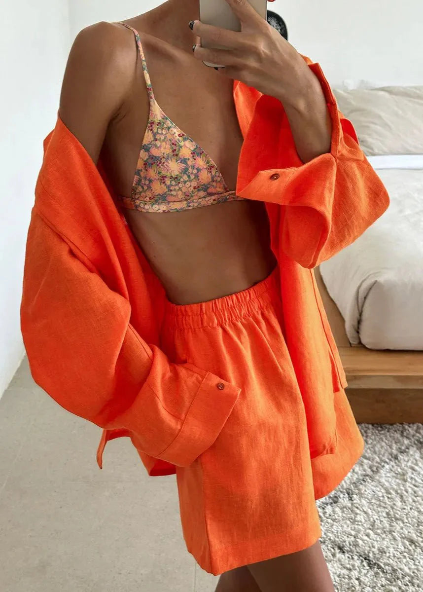 Camille White Linen Shirt and Shorts Set