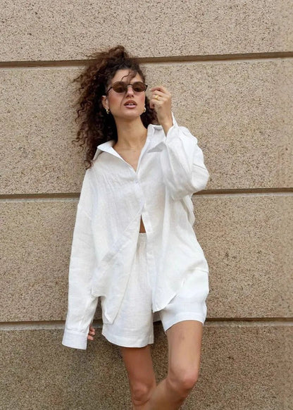 Camille White Linen Shirt and Shorts Set