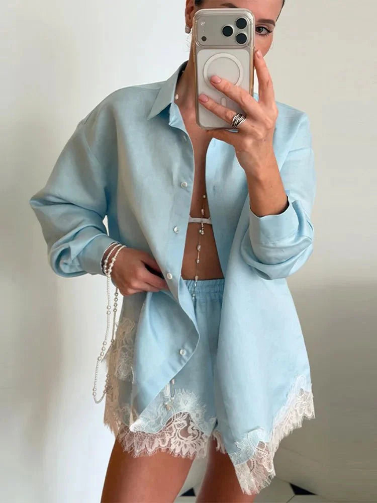 Celeste Lace Patchwork Beach Shirt Set