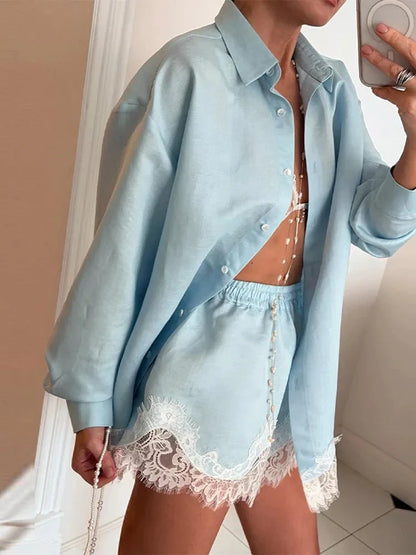 Celeste Lace Patchwork Beach Shirt Set