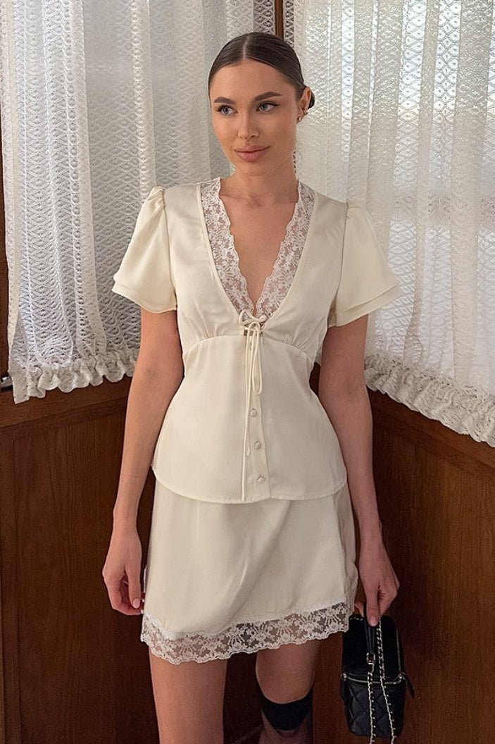 Satin Lace V-Neck Waist Tie Skirt Set