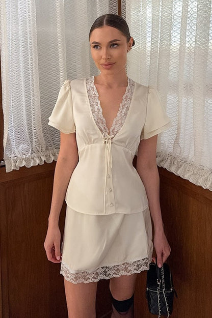 Satin Lace V-Neck Waist Tie Skirt Set