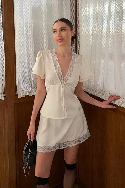 Satin Lace V-Neck Waist Tie Skirt Set