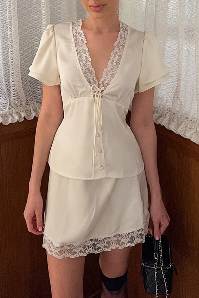 Satin Lace V-Neck Waist Tie Skirt Set