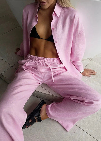 Sofia Baumwoll-Loungewear-Set mit Knopfleistenhemd & weiter Hose