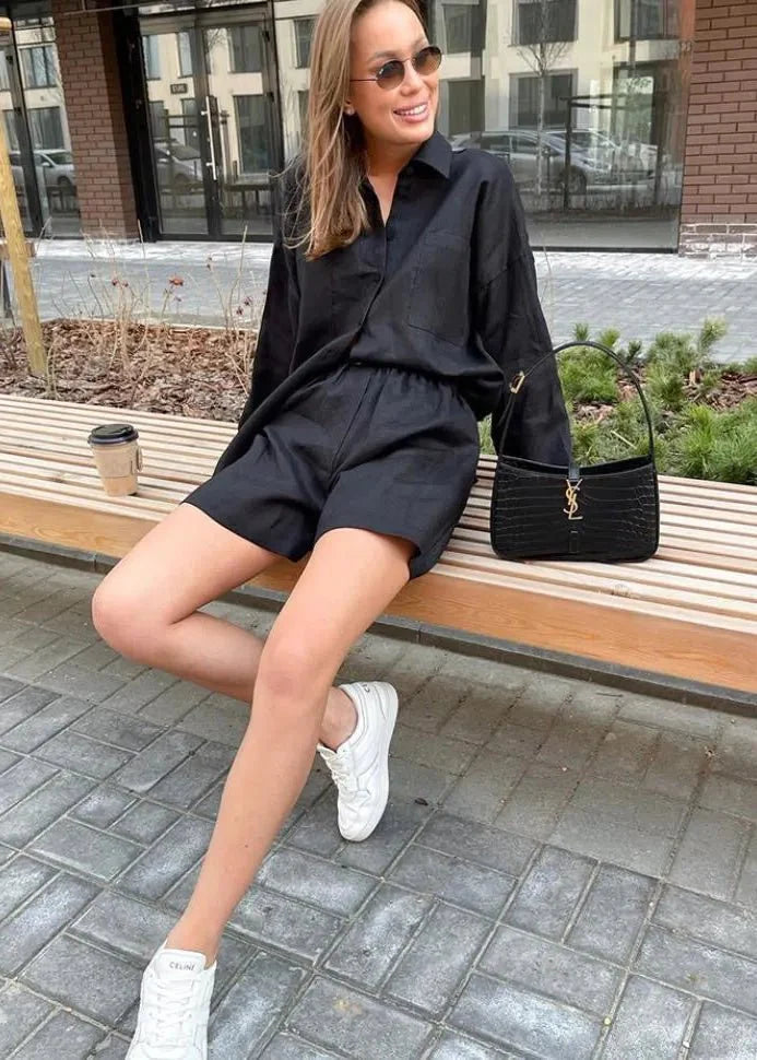 Sophia Linen Shirt with Button Placket & High-Waist Shorts Set