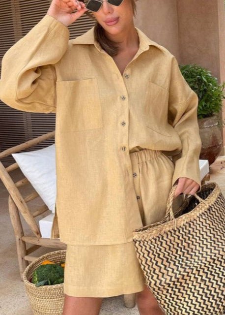 Sophia Linen Shirt with Button Placket & High-Waist Shorts Set