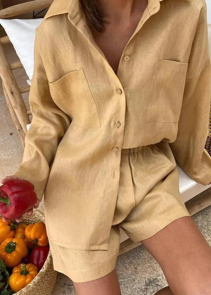 Sophia Linen Shirt with Button Placket & High-Waist Shorts Set