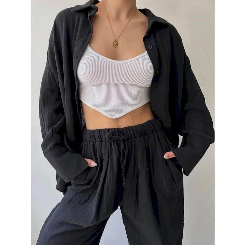Frances Bluse mit Revers, Langarm & Hosen-Set