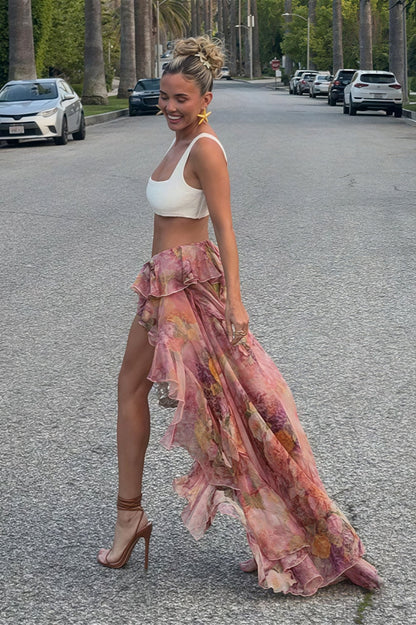 Bianca Asymmetrical Skirt with Flowers and Ruffles