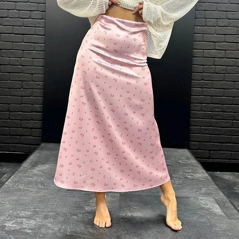 Bianca Satin Printed High-Waisted Midi Skirt