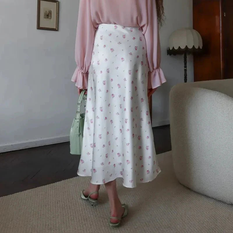 Bianca Satin Printed High-Waisted Midi Skirt