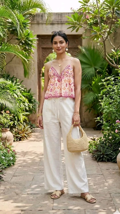 Sofia Embroidered Boho Cami Top with Tassel Trim